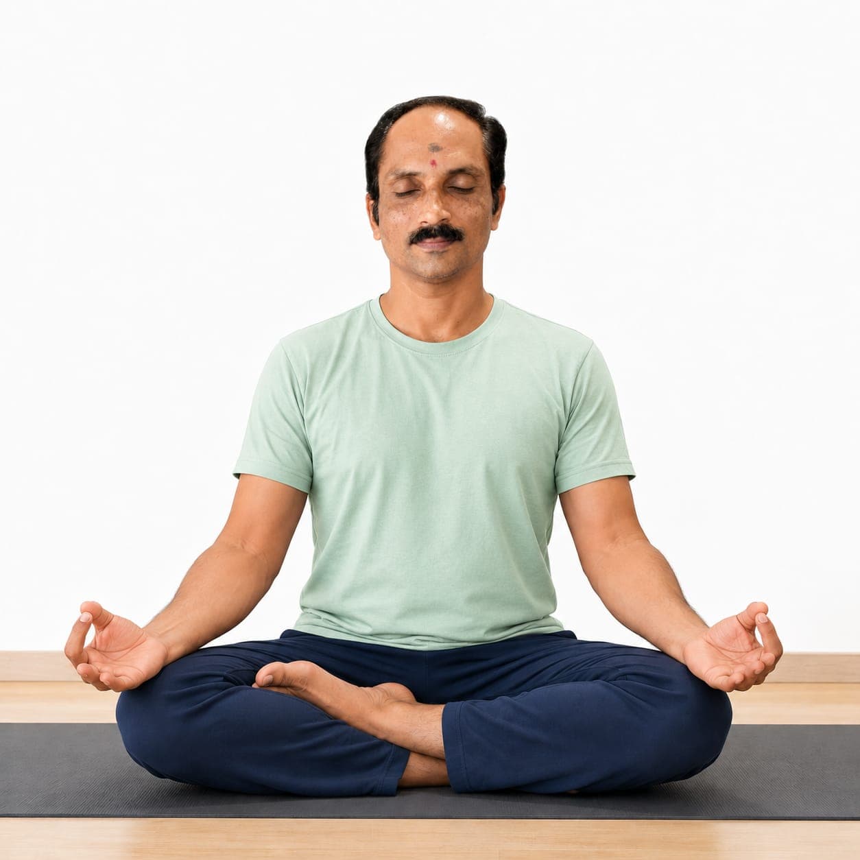 A woman seated in calm meditation, hands at her heart